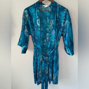 Private Luxuries Sz M Small Blue Floral Print Wrap Robe Kimono Style Pockets EUC